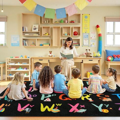 LIVEBOX 7'5" x 13' Black ABC Kids Classroom Carpet, Large Washable Alphabet Educational Learning Area Rugs for Classroom Elementary, Non-Slip Preschool Kids Teacher Rug for Kindergarten Daycare Baby in Saudi Arabia