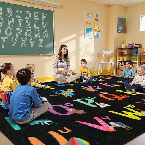 LIVEBOX 7'5" x 13' Black ABC Kids Classroom Carpet, Large Washable Alphabet Educational Learning Area Rugs for Classroom Elementary, Non-Slip Preschool Kids Teacher Rug for Kindergarten Daycare Baby in Saudi Arabia