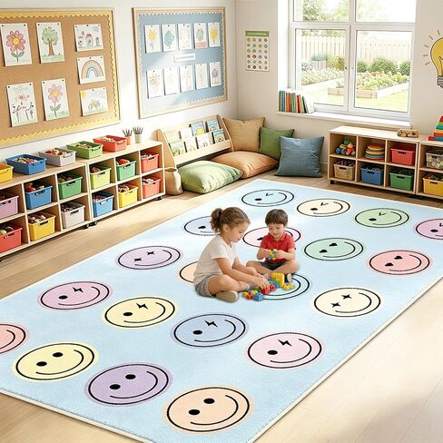 7.6x12 ft Large Smile Face Classroom Rug Happy Face Educational Area Mat Smile Faces Blue & Multicolor Play Carpet Back to School Learning Mat for Preschool Playroom Nursery Kindergarten(Blue) in Saudi Arabia