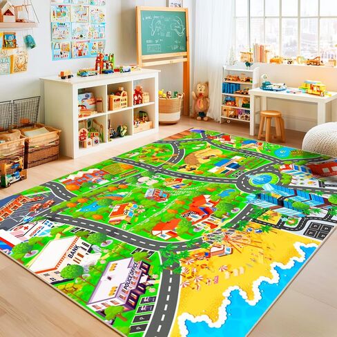Pionblank Kids Car Rug for Playroom Bedroom, 4x5 Educational Happy Farm Activity Playmat with Barns Animals and Crops, Track Non Slip Washable Carpet for Classroom Nursery in Saudi Arabia