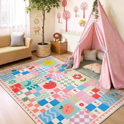 5x7 Washable Kid Bedroom Rug for Girls, Pink Baby Nursery Area Rug, Soft Non-Slip Toddler Playroom Carpet, Cute Colorful Strawberry Fruit Rainbow Checkered in Saudi Arabia