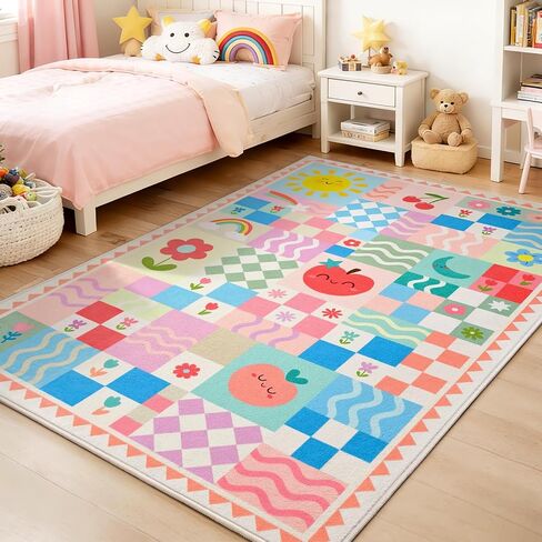 5x7 Washable Kid Bedroom Rug for Girls, Pink Baby Nursery Area Rug, Soft Non-Slip Toddler Playroom Carpet, Cute Colorful Strawberry Fruit Rainbow Checkered in Saudi Arabia