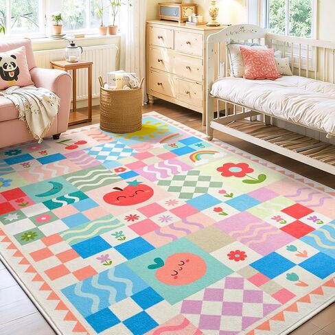 5x7 Washable Kid Bedroom Rug for Girls, Pink Baby Nursery Area Rug, Soft Non-Slip Toddler Playroom Carpet, Cute Colorful Strawberry Fruit Rainbow Checkered in Saudi Arabia