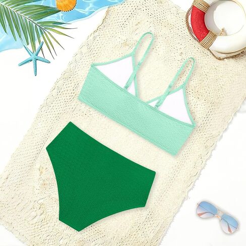 Girls Swimsuits 2 Piece Bathing Suit Teen Cute Criss Cross Solid Beach Bikini Set Swimwear with Chest Pad 9-16T in Kuwait
