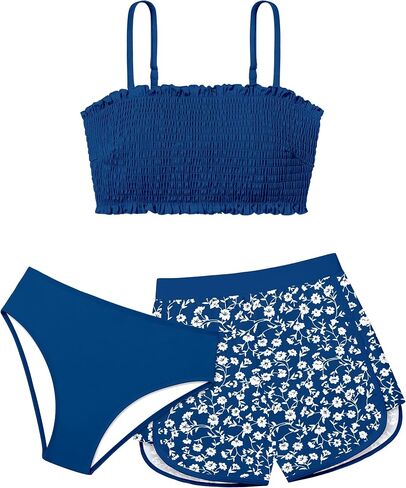 Girls Swimsuit 3 Piece Bikini Set Adjustable Straps Bathing Suit and Printed Shorts Girls' Swimwear for 9-16 Years in Saudi Arabia