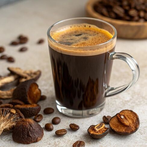 قهوة الفطر العضوية، 10 أونصة - 10 فطر متكيف مع القهوة العربية + زيت MCT لنكهة ناعمة - ذيل الديك الرومي، عرف الأسد، كورديسيبس، تشاجا، ريشي - مكمل لدعم المناعة والطاقة والدماغ in Kuwait