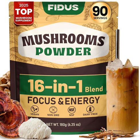 Fidus 16 Mushroom Supplement Powder with 1,730mg per Serving, 90 Day Servings Mushroom Coffee Alternative for Immunity, Focus & Energy with Ashwagandha, Lion's Mane, Reishi, 100% Fruiting Bodies in Saudi Arabia