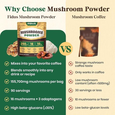 Fidus 16 Mushroom Supplement Powder with 1,730mg per Serving, 90 Day Servings Mushroom Coffee Alternative for Immunity, Focus & Energy with Ashwagandha, Lion's Mane, Reishi, 100% Fruiting Bodies in Saudi Arabia