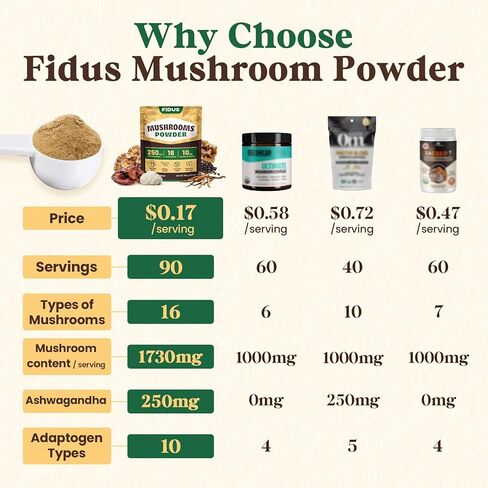 Fidus 16 Mushroom Supplement Powder with 1,730mg per Serving, 90 Day Servings Mushroom Coffee Alternative for Immunity, Focus & Energy with Ashwagandha, Lion's Mane, Reishi, 100% Fruiting Bodies in Saudi Arabia