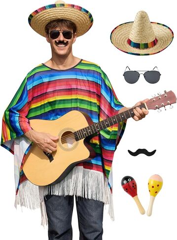 أزياء Arvilhill الرجالية المكسيكية 5 قطع مع مجموعة كاملة من النظارات الشمسية Sombrero وشارب Cinco de Mayo Serape Poncho (M XL) in Kuwait