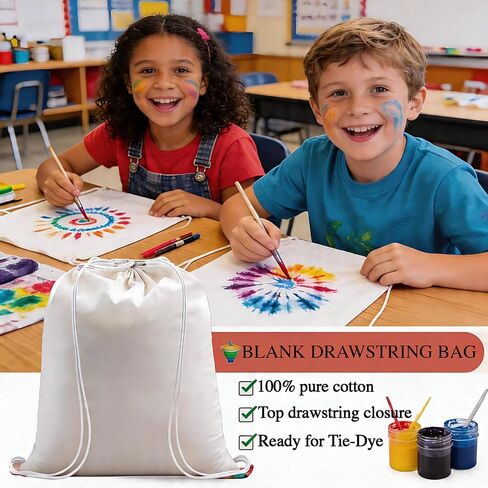 6 Pcs 16x13.4 Inch Cotton Dyeing Drawstring Bags White DIY Craft for Party Favors, Summer Camp Activities, Blank Pure Cotton bags for Fabric Tie Dye in Saudi Arabia