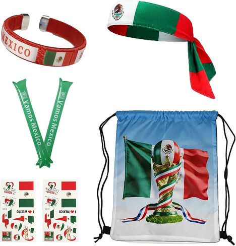 2026 World Cup Mexico Soccer Fan Gear Set, 7-Piece Drawstring Backpack Decoration & Storage Set for World Cup & Patriotic Holidays in Saudi Arabia