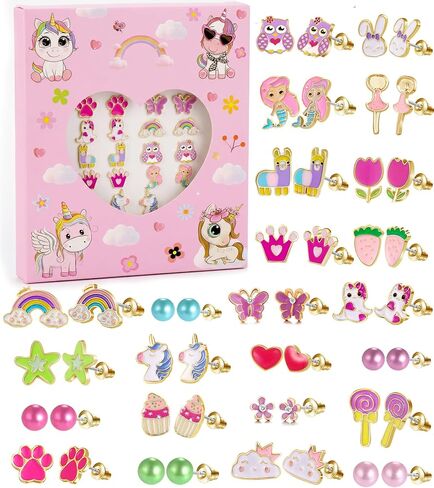 24 Pairs Cute Cartoon Earrings for Girls Kids, Stainless Steel Studs with 19 Fun Designs (Unicorn, Butterfly, Crown, Heart) & 5 Faux Pearl Earrings (5mm), Gift Ready Birthday Present for Teens Women in Saudi Arabia