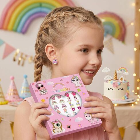 24 Pairs Cute Cartoon Earrings for Girls Kids, Stainless Steel Studs with 19 Fun Designs (Unicorn, Butterfly, Crown, Heart) & 5 Faux Pearl Earrings (5mm), Gift Ready Birthday Present for Teens Women in Saudi Arabia