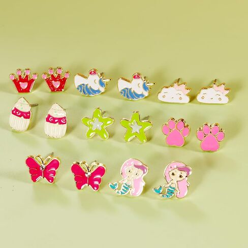 24 Pairs Cute Cartoon Earrings for Girls Kids, Stainless Steel Studs with 19 Fun Designs (Unicorn, Butterfly, Crown, Heart) & 5 Faux Pearl Earrings (5mm), Gift Ready Birthday Present for Teens Women in Saudi Arabia