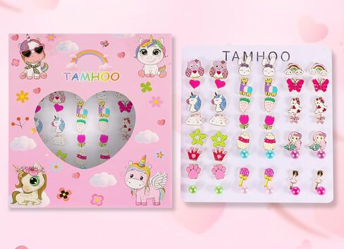 24 Pairs Cute Cartoon Earrings for Girls Kids, Stainless Steel Studs with 19 Fun Designs (Unicorn, Butterfly, Crown, Heart) & 5 Faux Pearl Earrings (5mm), Gift Ready Birthday Present for Teens Women in Saudi Arabia