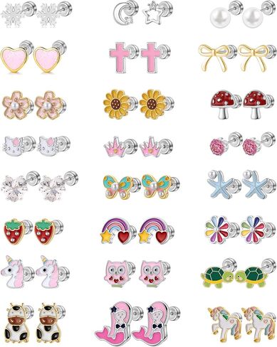 24 Pairs Hypoallergenic Screw Back Earrings for Girls Kids Women Surgical Stainless Steel Flat Back Earrings for Sensitive Ears Cute Strawberry Flower Rainbow ScrewBack Stud Earrings Jewelry in Saudi Arabia