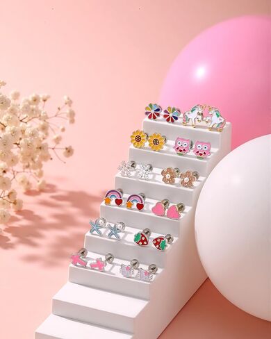 24 Pairs Hypoallergenic Screw Back Earrings for Girls Kids Women Surgical Stainless Steel Flat Back Earrings for Sensitive Ears Cute Strawberry Flower Rainbow ScrewBack Stud Earrings Jewelry in Saudi Arabia