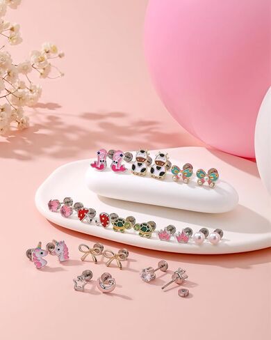 24 Pairs Hypoallergenic Screw Back Earrings for Girls Kids Women Surgical Stainless Steel Flat Back Earrings for Sensitive Ears Cute Strawberry Flower Rainbow ScrewBack Stud Earrings Jewelry in Saudi Arabia