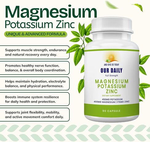 Our Daily Vites, Potassium Magnesium Supplement w/Zinc 1025mg – 90 Capsules – Supports Leg Cramps, Muscle Recovery & Bone Health – High Absorption Electrolyte Formula – Non-GMO, Gluten Free in Saudi Arabia