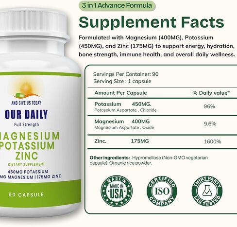 Our Daily Vites, Potassium Magnesium Supplement w/Zinc 1025mg – 90 Capsules – Supports Leg Cramps, Muscle Recovery & Bone Health – High Absorption Electrolyte Formula – Non-GMO, Gluten Free in Saudi Arabia