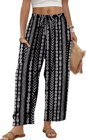 Sampeel Wide Leg Pants for Women Barrel Flowy Palazzo Elastic Waist Trousers with Pockets Summer Beach Vacation Outfits in Kuwait