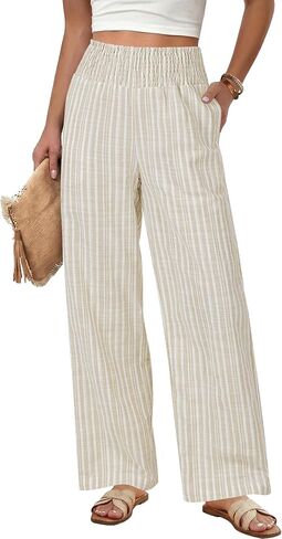 GRAPENT Linen Pants for Women Wide Leg Trendy Pull On High Rise Striped Elastic Smock Waist Beach Vacation Palazzo Pants in Kuwait