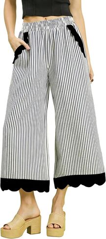 Faleave Women's Striped Wide Leg Cropped Pants Elastic Waist Scalloped Hem Casual Trousers with Pockets in Saudi Arabia