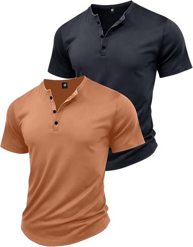 2 Pack Men's Summer Short-Sleeved Henley Shirt Fashion Casual Vacation Beach Sports Athletic Running Camping with Button in Kuwait