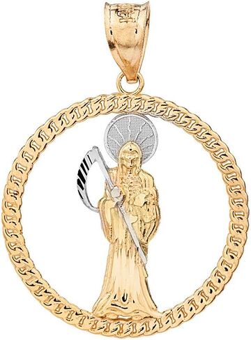 14k Two-Tone Gold Santa Muerte Round Rope Design Frame Pendant in Kuwait