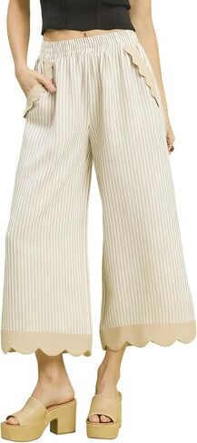 Faleave Women's Striped Wide Leg Cropped Pants Elastic Waist Scalloped Hem Casual Trousers with Pockets in Kuwait