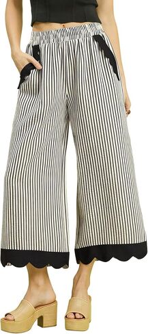 Faleave Women's Striped Wide Leg Cropped Pants Elastic Waist Scalloped Hem Casual Trousers with Pockets in Saudi Arabia