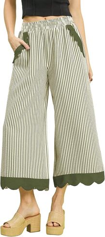 Faleave Women's Striped Wide Leg Cropped Pants Elastic Waist Scalloped Hem Casual Trousers with Pockets in Saudi Arabia