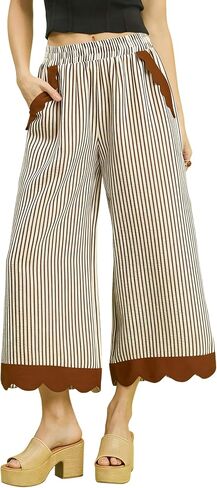 Faleave Women's Striped Wide Leg Cropped Pants Elastic Waist Scalloped Hem Casual Trousers with Pockets in Saudi Arabia