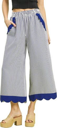 Faleave Women's Striped Wide Leg Cropped Pants Elastic Waist Scalloped Hem Casual Trousers with Pockets in Saudi Arabia