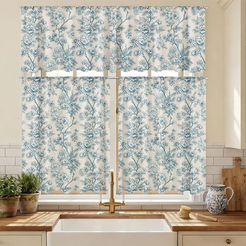 HunnmingRe Blue Floral Kitchen Curtain Set Vintage Window Curtains and Valances Rod Pocket Valance and Tier Set for Bedroom Kitchen Cafe Living Room Bathroom, 54''x18'' & 27.5''x36''x2panels in Kuwait