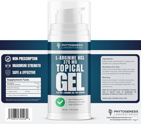Phytogenesis L-Arginine HCL 375 mg Gel - Topical Nitric Oxide Support for Circulation & Performance - Advanced High Absorption Transdermal Formula - 375 mg L-Arginine HCL per Serving in Saudi Arabia