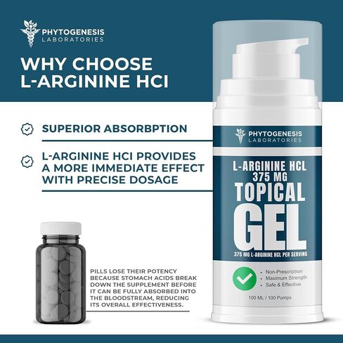 Phytogenesis L-Arginine HCL 375 mg Gel - Topical Nitric Oxide Support for Circulation & Performance - Advanced High Absorption Transdermal Formula - 375 mg L-Arginine HCL per Serving in Saudi Arabia