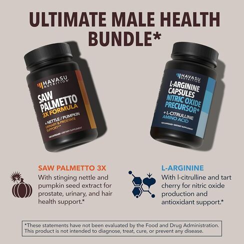 Saw Palmetto with Nettle & Pumpkin + L-Arginine with L-Citrulline Supplement Bundle for Men - Prostate Health & Nitric Oxide Production Bundle for Active Male Health - 60 Servings of Each in Saudi Arabia