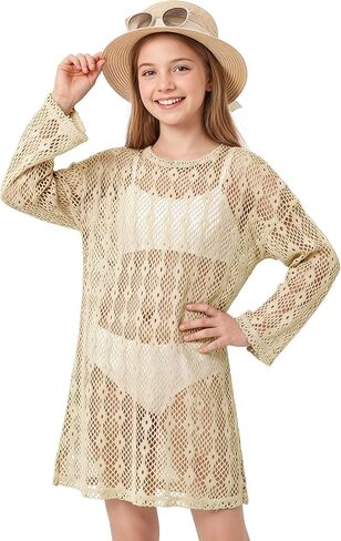 Girls Knitted Long Sleeve Swimsuit Cover Up Kids Fashion Hollow Out Swimwear Vacation Beach Dress 5-14 Years in Kuwait