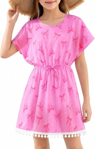 Girls Swim Cover Up Kids Beach Dress Bathing Suit Chiffon Swimsuit Coverups Cute Swimwear with Pom Pom Trim in Saudi Arabia