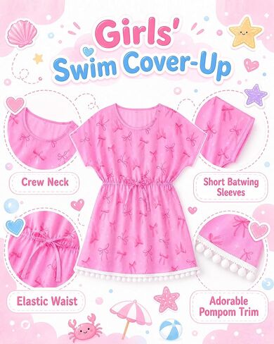 Girls Swim Cover Up Kids Beach Dress Bathing Suit Chiffon Swimsuit Coverups Cute Swimwear with Pom Pom Trim in Saudi Arabia