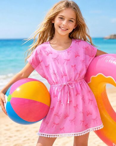 Girls Swim Cover Up Kids Beach Dress Bathing Suit Chiffon Swimsuit Coverups Cute Swimwear with Pom Pom Trim in Saudi Arabia