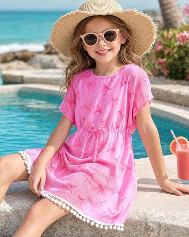 Girls Swim Cover Up Kids Beach Dress Bathing Suit Chiffon Swimsuit Coverups Cute Swimwear with Pom Pom Trim in Saudi Arabia