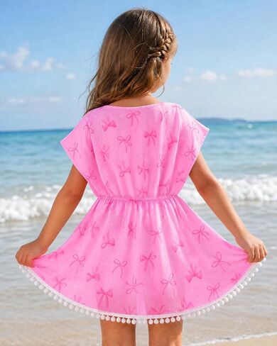 Girls Swim Cover Up Kids Beach Dress Bathing Suit Chiffon Swimsuit Coverups Cute Swimwear with Pom Pom Trim in Saudi Arabia