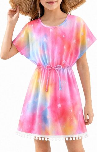 Girls Swim Cover Up Kids Beach Dress Bathing Suit Chiffon Swimsuit Coverups Cute Swimwear with Pom Pom Trim in Saudi Arabia