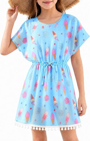 Girls Swim Cover Up Kids Beach Dress Bathing Suit Chiffon Swimsuit Coverups Cute Swimwear with Pom Pom Trim in Saudi Arabia