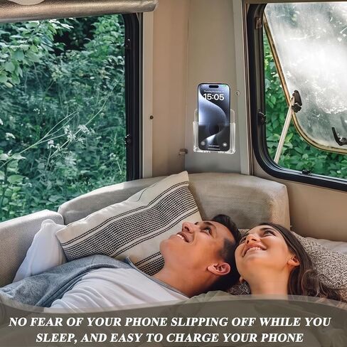 Wall Mounted Phone Holder, Clear Phone Stand Self Adhesive with Charging Hole Compatible with iPhone and Android Smartphone Phone Cradle Bedside Organizer Remote Control Stand for Home Office 2-Pack in Kuwait