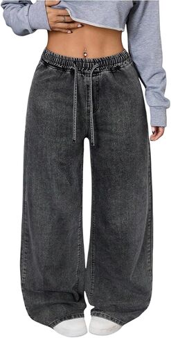 GORGLITTER Girl's Baggy Jeans Cute Elastic High Waisted Straight Wide Leg Denim Pants Bottoms Casual Streetwear Trousers in Kuwait