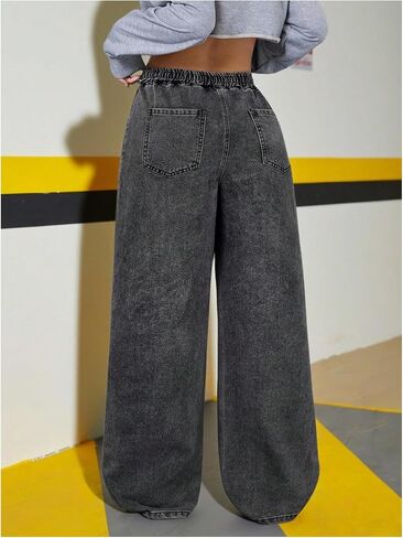 GORGLITTER Girl's Baggy Jeans Cute Elastic High Waisted Straight Wide Leg Denim Pants Bottoms Casual Streetwear Trousers in Kuwait